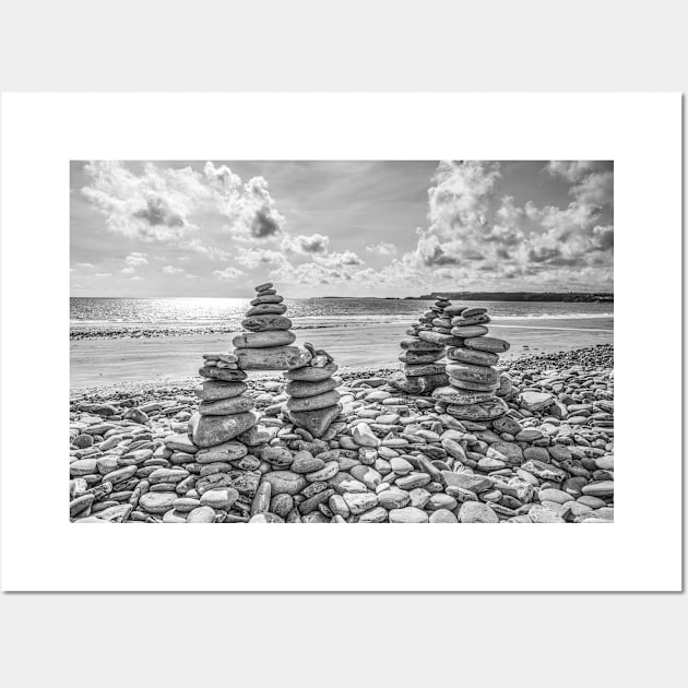 Rock Cairns On Amroth Beach, Wales, Black And White Wall Art by tommysphotos